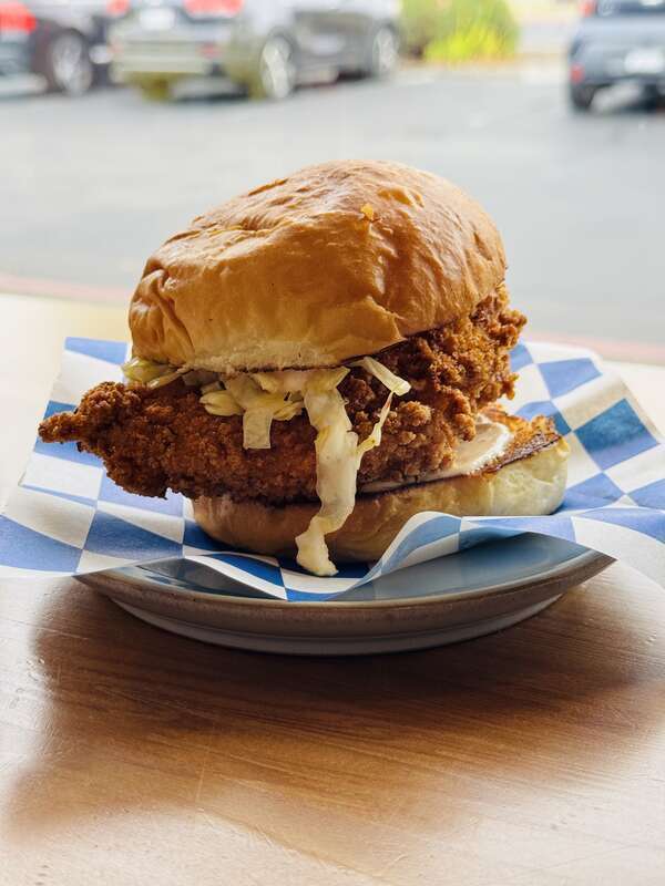 Fried chicken sandwich with cabbage and mayo at Belfare, Petaluma, California