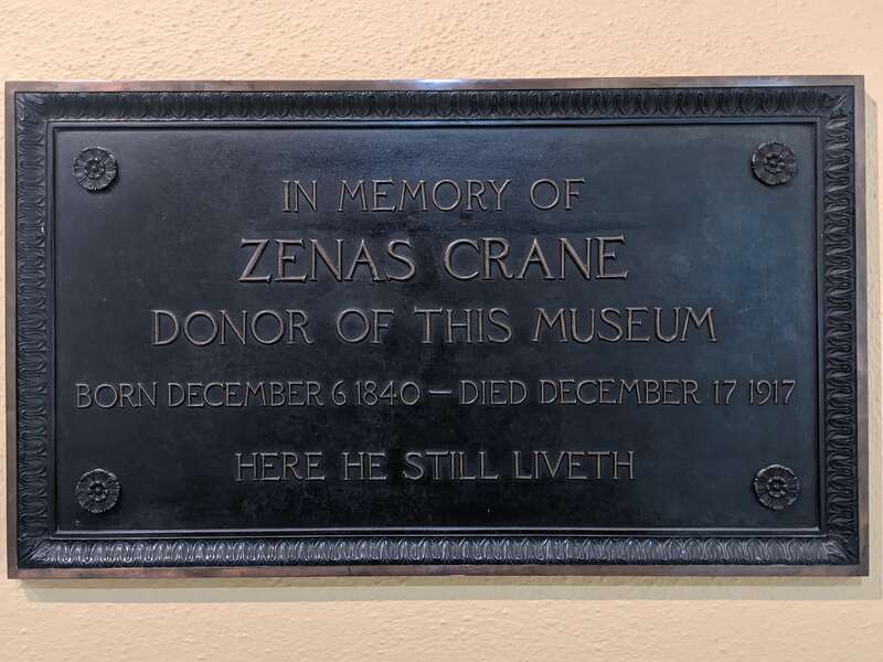 Plaque commemorating Zenas Crane in the Berkshire Museum