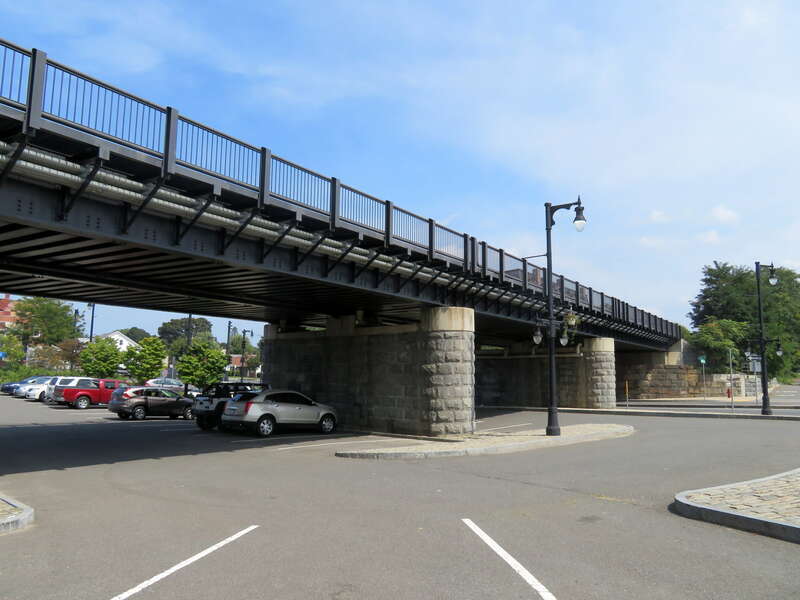 Bridge carrying the CSX Berkshire Subdivision in Westfield, Massachusetts in August 2018. The bridge was constructed around 2008 as part of the addition of a second span of the Great River Bridge.