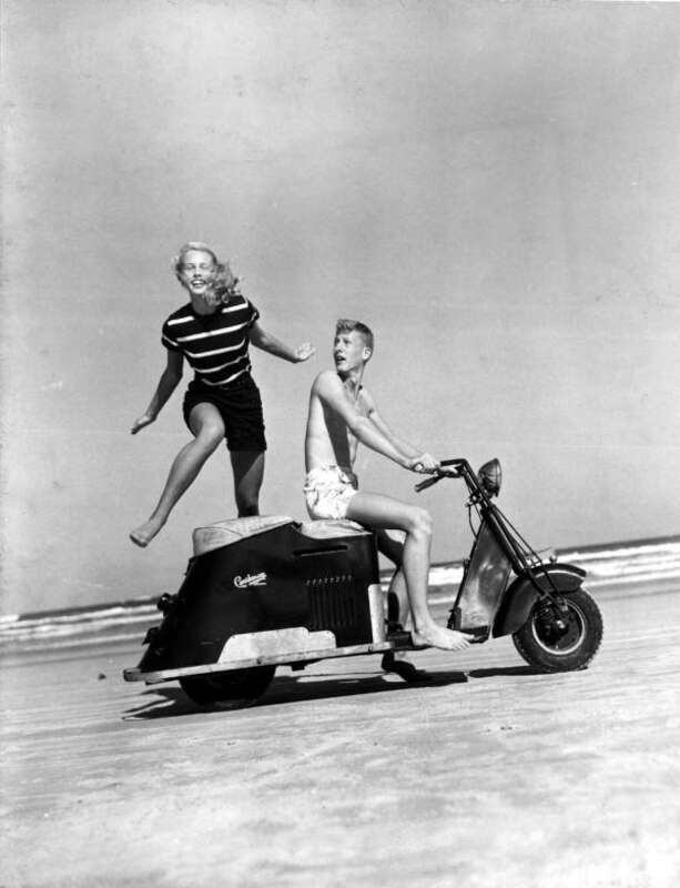 Local call number:  c006689
Title: [Betty Boone jumping over a motor scooter driven by Don Roberson]
Date: Photographed on November 11, 1948.
Physical descrip: 1 photoprint b&amp;amp;w 5 x 4 in.
Series Title: (Commerce Collection.)
Repository: