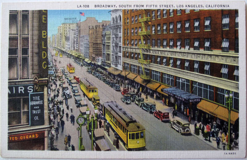Broadway at night looking south from Fifth Street, Los Angeles postcard