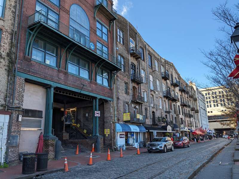 Several buildings facing River Street in Savannah, Georgia, including the &quot;rear&quot; of the Savannah Cotton Exchange (far left)