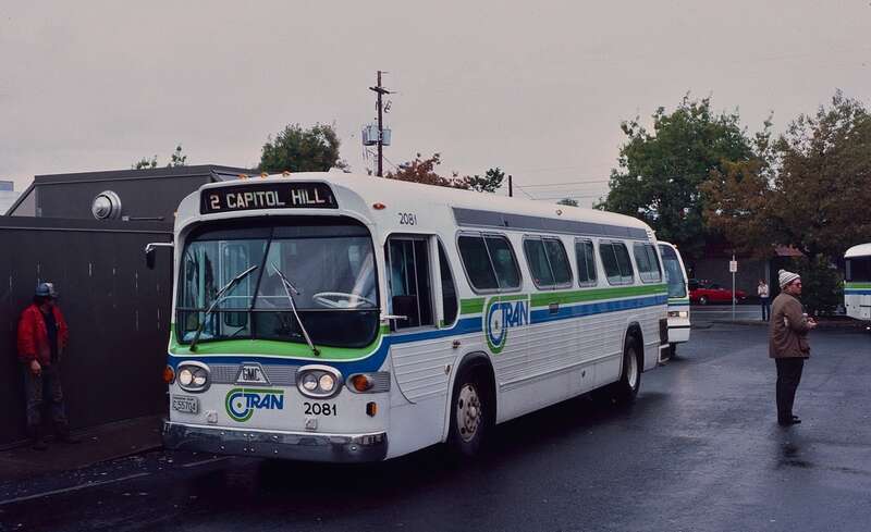 Bus 2081 of C-Tran (Vancouver, Washington) was a 1968 T6H-4521, a 35-foot GM "New Look" bus, ex-Oshawa Transit (Ontario) No. 84. It was photographed in October 1984, laying over on route 2-Capitol Hill at C-Tran's original bus terminal in downtown