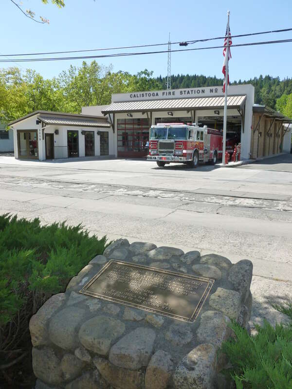 Monument to the San Francisco, Napa, and Calistoga electric railroad.
The monument reads:
THE S.F., N., AND C. ELECTRIC RAIL-ROAD
THE RAIL-ROAD TRACK YOU SEE IN THE MIDDLE OF THE STREET IS THE LAST REMAINING TRACK OF THE SAN FRANCISCO, NAPA AND