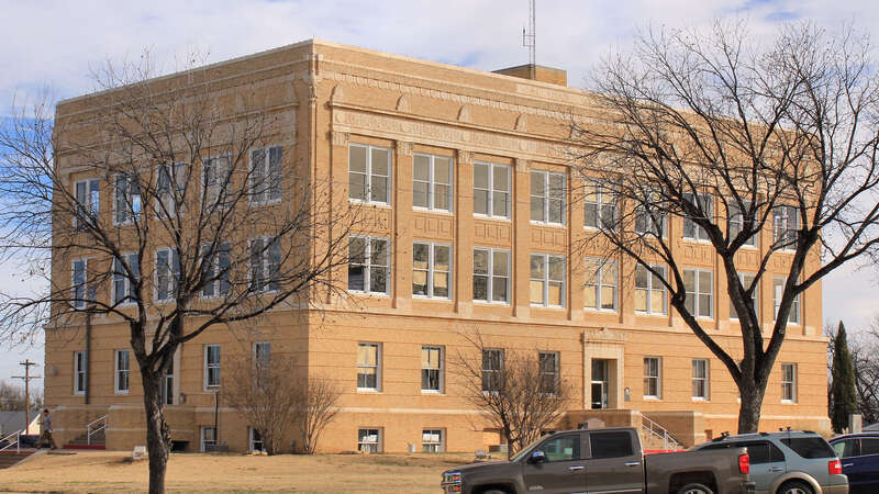 The Callahan County, Texas Courthouse in Baird, Texas. The Classical Revival style courthouse was built in 1928 and designated a Recorded Texas Historic Landmark in 2003.