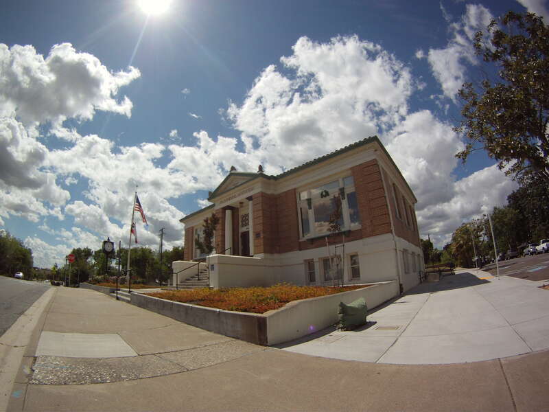 Carnegie Library, 557 Lincoln St. Roseville, CA. Photo captured at on GoPro1 camera. This photo was selected for the natural cloud formations and intriguing composition and lens distortion, showing this historic landmark in a way not previously seen.