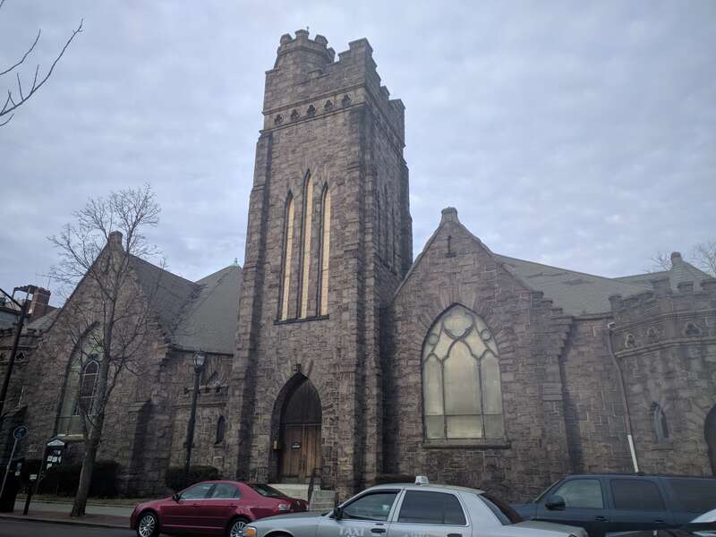 Looking north at church on a cloudy afternoon