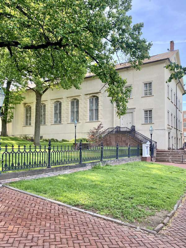 Built between 1803 and 1806, this Classical Revival-style church was built to serve the Moravian community in Bethlehem, which settled in the area during the mid-18th Century.  The building features a simple stucco-clad exterior with six-over-six and