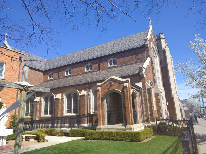 Looking east at Church of Our Lady of Peace on a very sunny day.