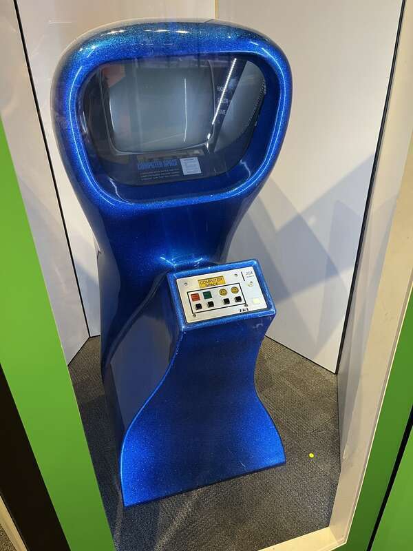 Cabinet for the Computer Space arcade game on display at the Game Changers exhibit at the Imagination Station in Toledo, Ohio.