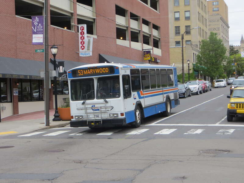 COLTS 214, a 2002 Gillig Phantom, operates Route 53 on Washington St in Scranton, PA