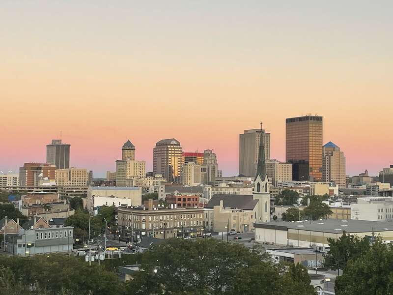 Sunset over Dayton Ohio in September 2022. Photo taken from Dayton Towers, an apartment east of downtown.