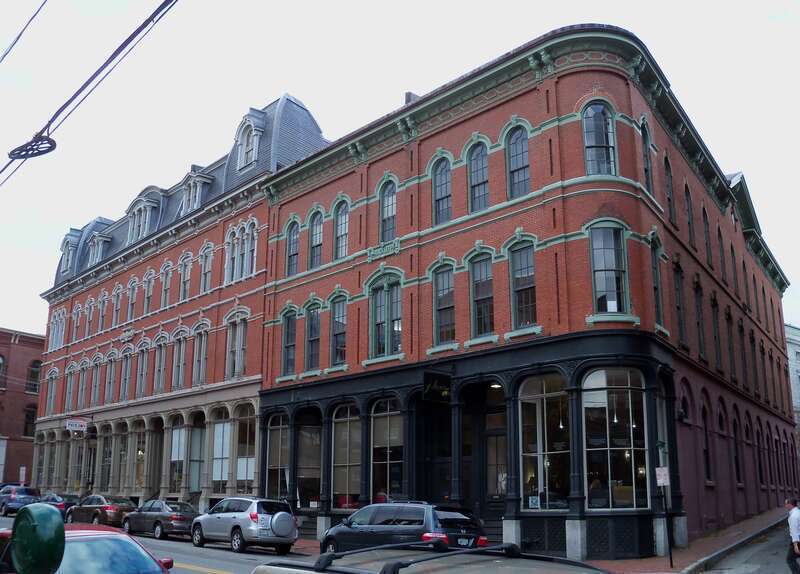 Woodman Building (left) and Rackleff Building (right), Middle Street, downtown Portland, Maine, USA.