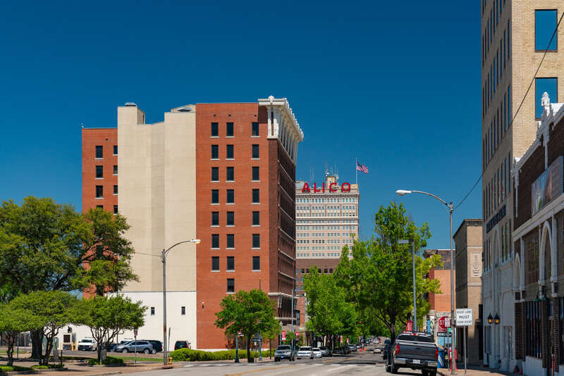 Austin Avenue in downtown Waco, Texas -- buildings along Austin Avenue and the Waco, Texas skyline.