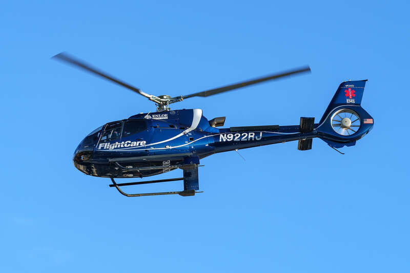 The FlightCare helicopter of Enloe Medical Center in Chico, California, taking off on March 15, 2021.