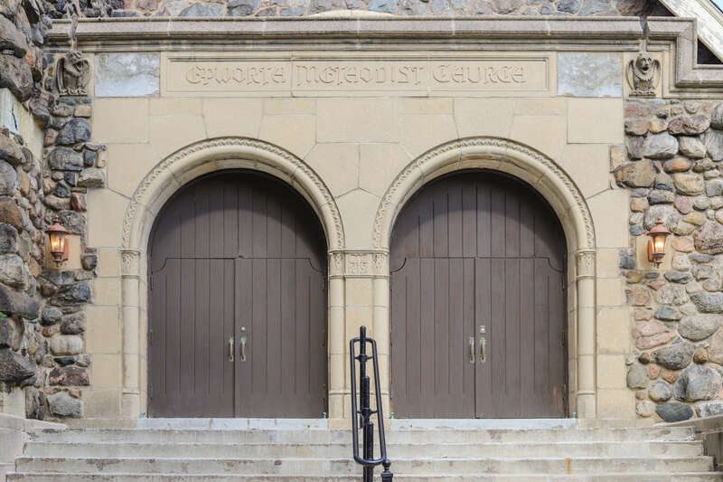 Portals, Epworth United Methodist Church, originally built as Epworth Methodist Episcopal Church, 5253 N. Kenmore Ave., Chicago, Illinois. Architect: Frederick B. Townsend, 1890.