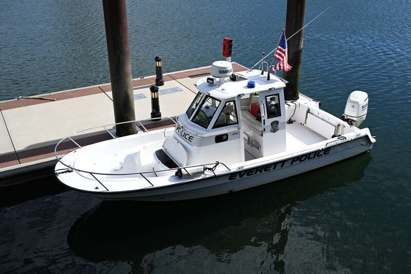 An Everett Police boat at the Encore Boston Harbor dock