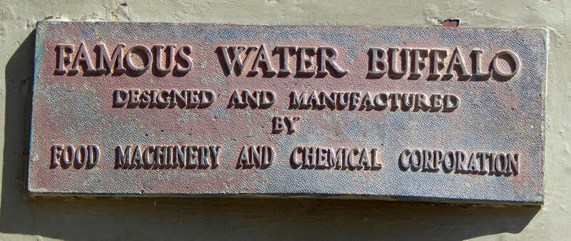 plaque identifying Famous Water Buffalo amphibious tank (Landing Vehicle Tracked Model 4 - LVT4), dedicated in 1949 to commemorate Riverside's role in the manufacture of the World War II amphibious tank vehicle