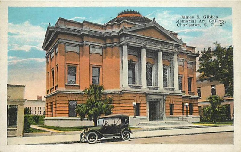 The Gibbes Art Gallery was shown in this early, colorized postcard with a color far redder than its actual finish.