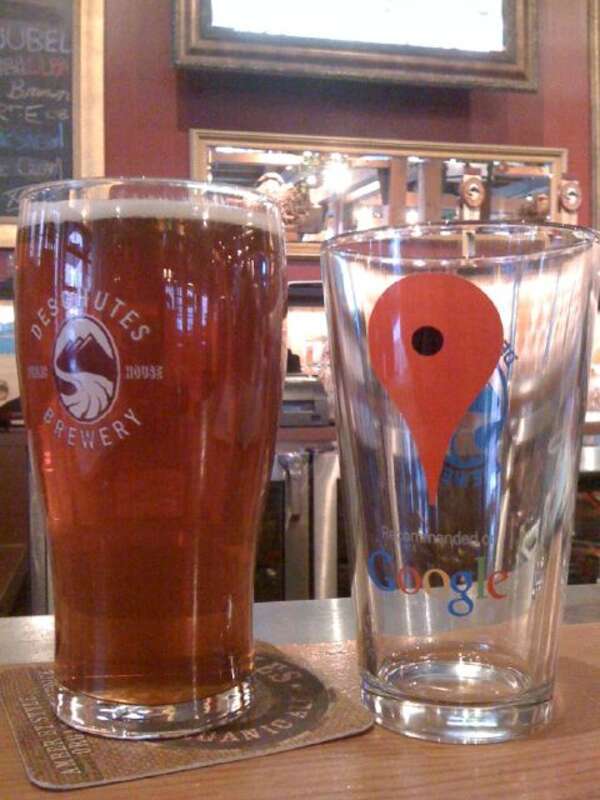 A promotional glass produced by Google as part of its 2010-2011 Hotpot release campaign in Portland, Oregon