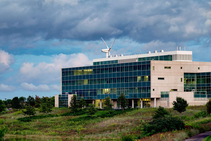 The headquarters office of Great River Energy, an electric utility company, at 12300 Elm Creek Boulevard in Maple Grove, Minnesota. Great River Energy is the second largest electricity utility in Minnesota based on generating capacity, and its HQ has