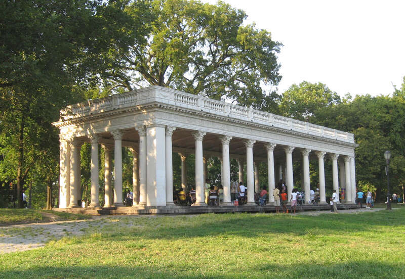 Looking northeast at the Grecian Shelter, or Croquet Shelter peristyle — late on a sunny summer afternoon.  
NYCLPC landmark designation 1968.
&quot;Need an earlier-day shot for brighter light.&quot;