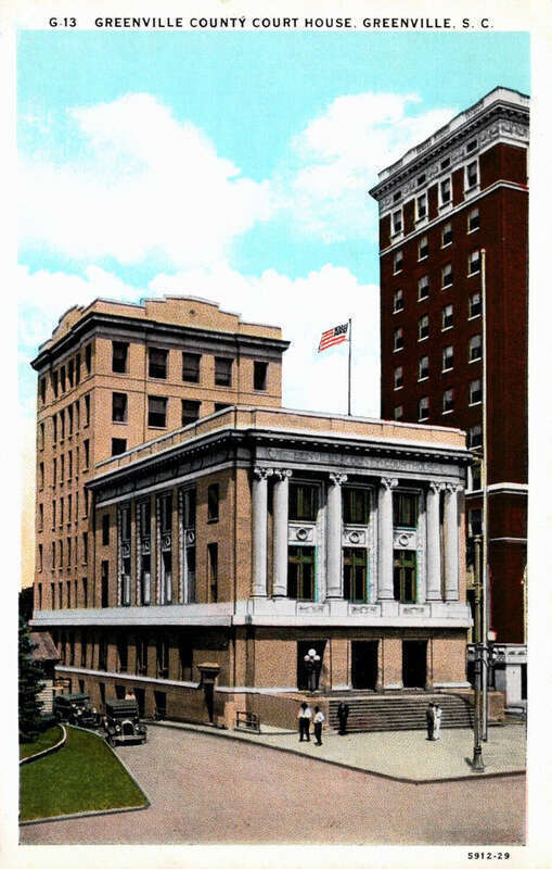 Photomechanical print (postcard)
Divided back
No. G-13
Printed by Curt Teich &amp;amp; Co.

The fourth courthouse to serve Greenville County, it was built in 1918.  In 1950 the court moved to the current Greenville County Courthouse on East North
