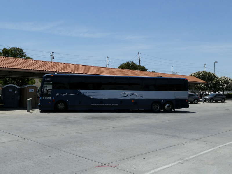 Greyhound bus at Modesto Transportation Center in May 2022