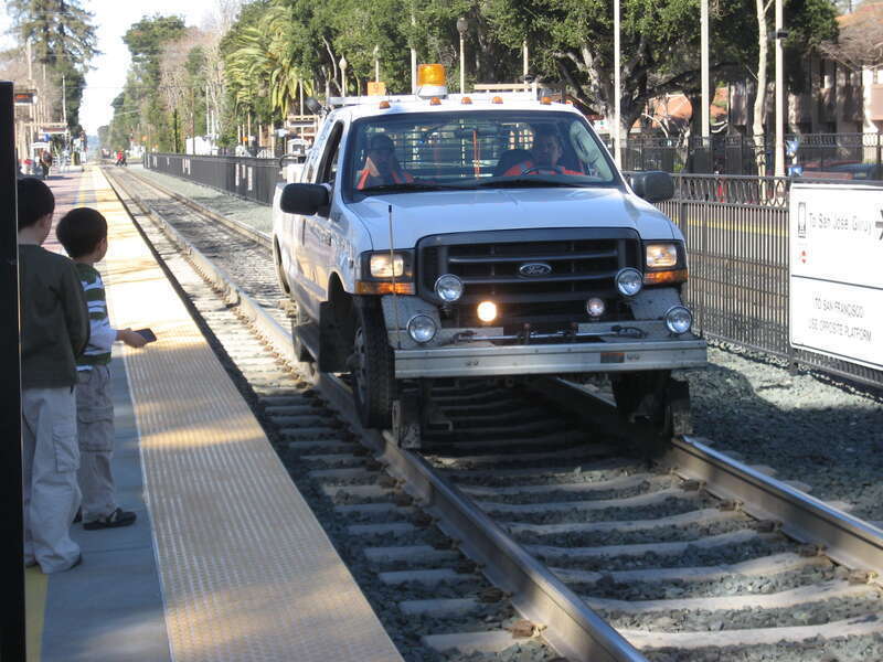 A hi-rail pickup truck at Menlo Park station in February 2011