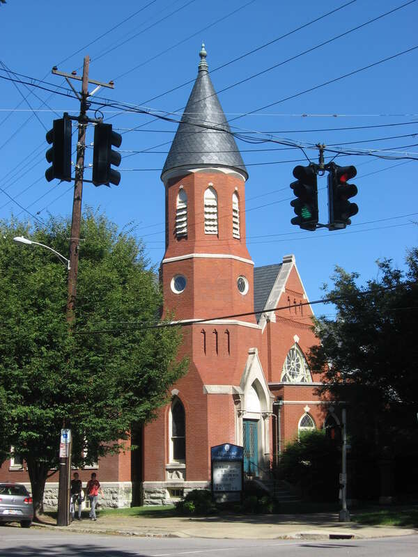Front of the Highlands Presbyterian Church, located on the eastern corner of the junction of Highland Avenue and Cherokee Road in Louisville, Kentucky, United States.  Built in 1887, the church is a part of the Cherokee Triangle Area Residential