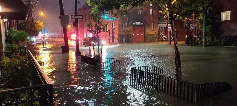 Historic Firehouse on flooded street during Hurricane Ida August 29, 2021
