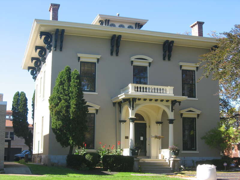 Front and southern side of the Horace C. Starr House, located at 284 Washington Avenue in Elyria, Ohio, United States.  Built in 1857, it is listed on the National Register of Historic Places.