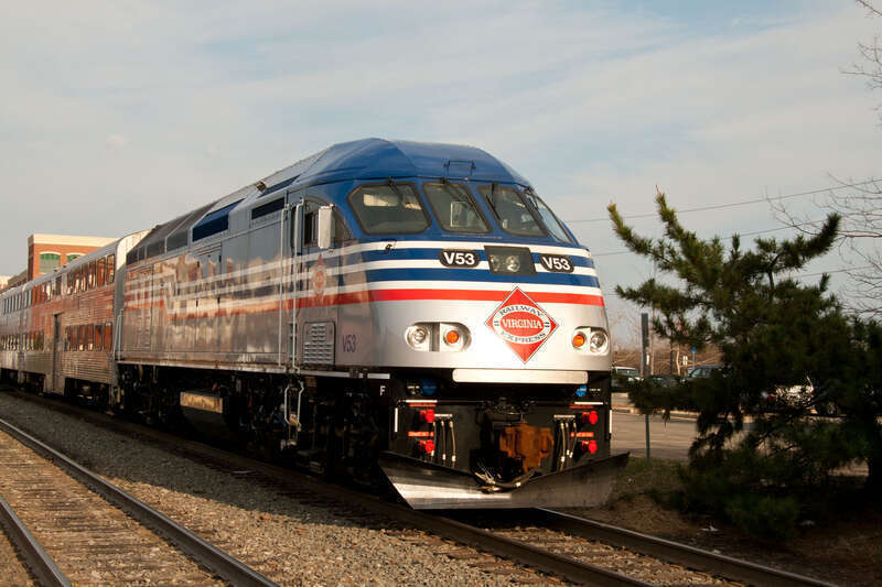 VRE commuter trains operate in push-pull mode.  A new MP36PH-3C engine is in the push mode as the train # 338 departs Manassas, VA.