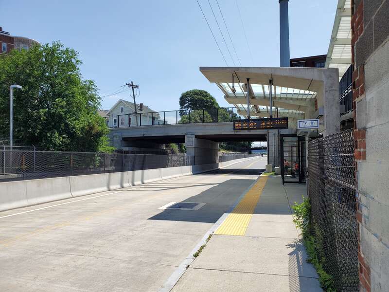 The inbound bus platform at Bellingham Square station in July 2021