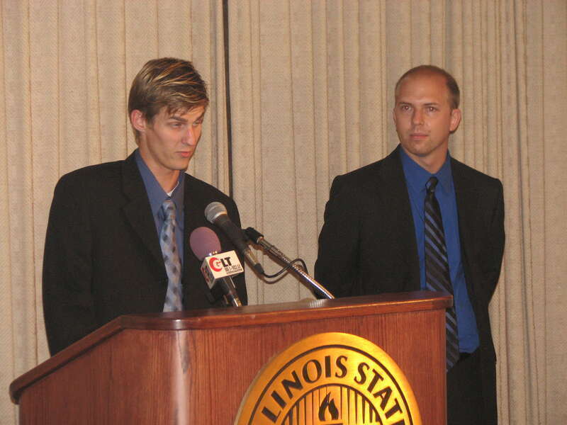 being introduced by John Kindseth, president of ISU's Political Science Club
Jason Wallace is an ISU student, Iraq War veteran, and Green Party candidate for the 2008 elections against incumbent Illinois Congressman Jerry Weller in the 11th