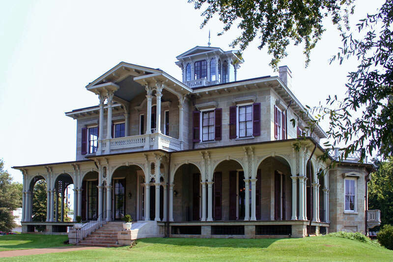 Front facade of the Jemison-Van de Graaff Mansion in Tuscaloosa, Tuscaloosa County, Alabama, United States.  Listed on the National Register of Historic Places.