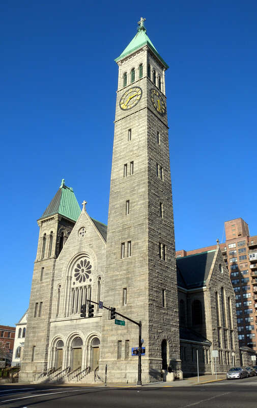 Looking northeast across JFK Blvd and Van Winkle Ave at St John the Baptist RC Church on a sunny late afternoon.