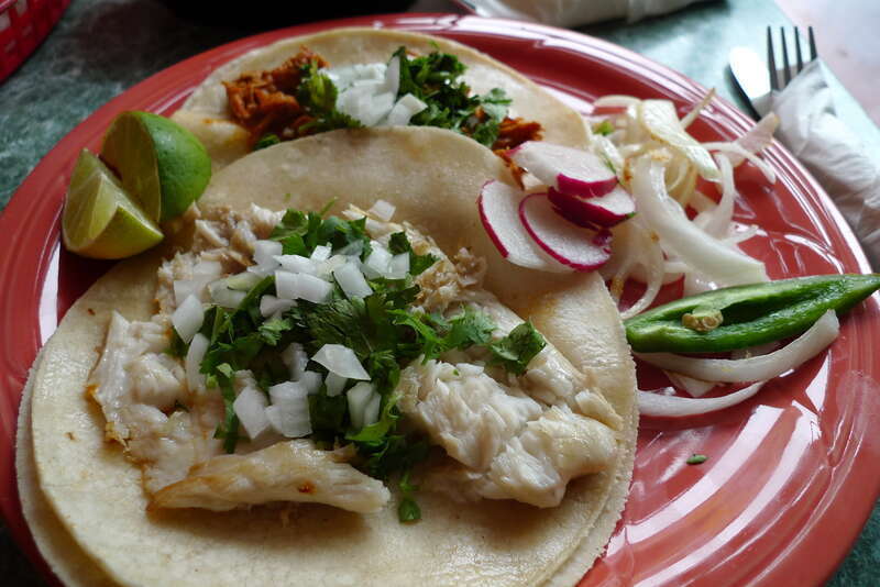 Two excellent tacos, one with fish and the other with chipotle beef. At La Oaxaqueña, Mission Street.