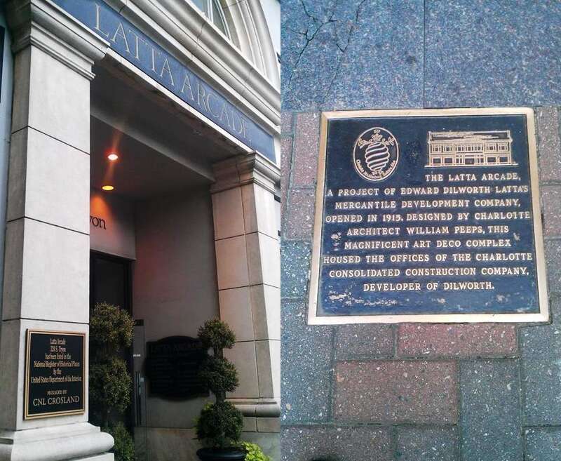 Latta Arcade located on South Tryon Street in Uptown Charlotte, North Carolina. Double image depicting mainentrance and historical marker in sidewalk.