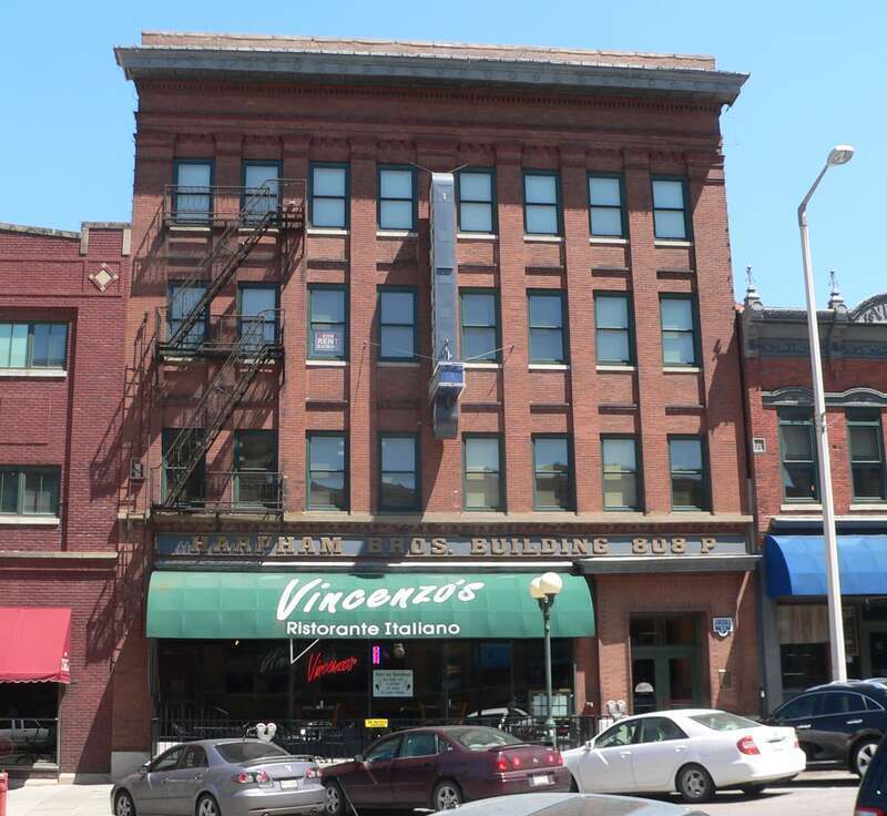 Haymarket District in Lincoln, Nebraska: Harpham building, located at 808 P Street.  According to a plaque on the building, it was built as a warehouse and as a harness and saddle factory in 1903.