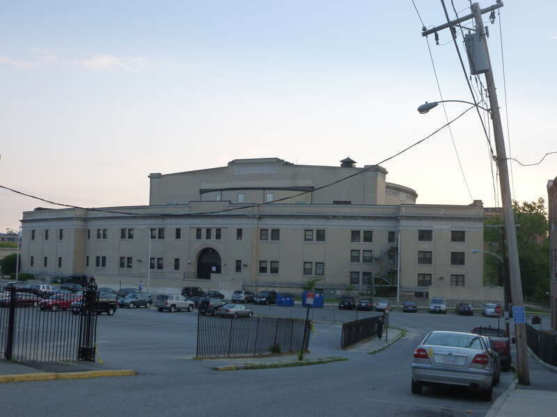 The east (back) side of Lowell Memorial Auditorium and Merrimack Repertory Theatre.  Located at 50 East Merrimack Street, Lowell, Massachusetts.