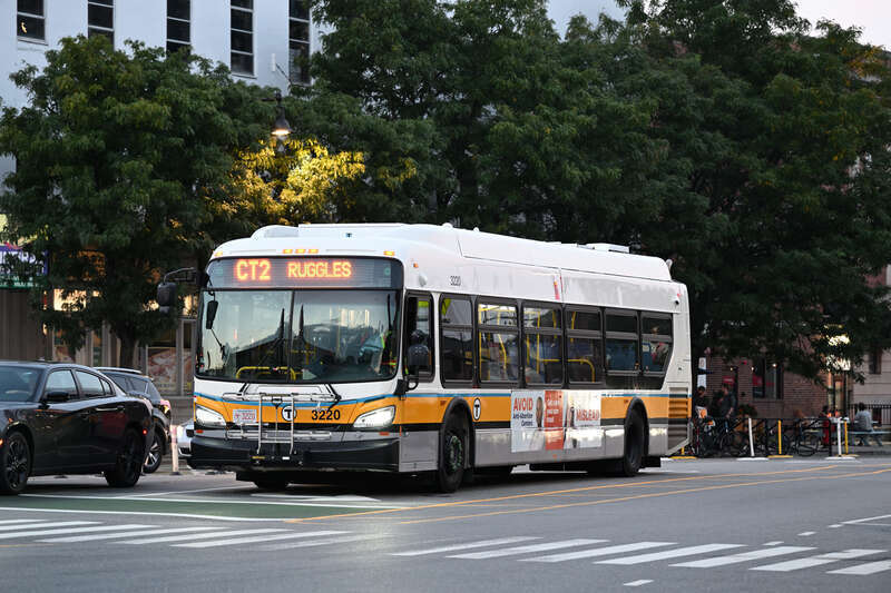A route CT2 bus in Union Square in Somerville.