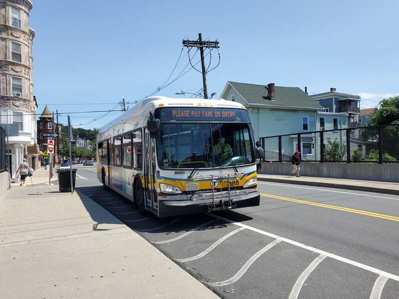 MBTA route 111 bus on Washington Street at Bellingham Square station in July 2021