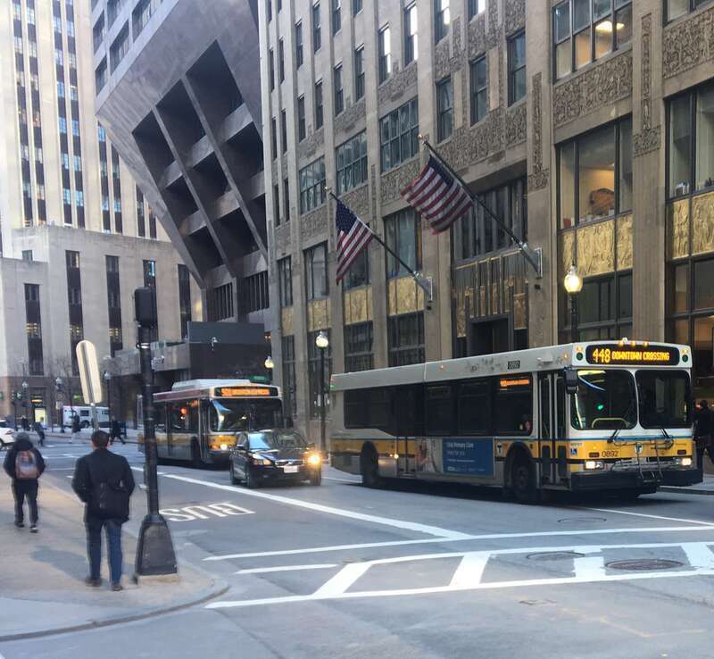 MBTA route 448 and 501 buses on Federal Street in April 2019