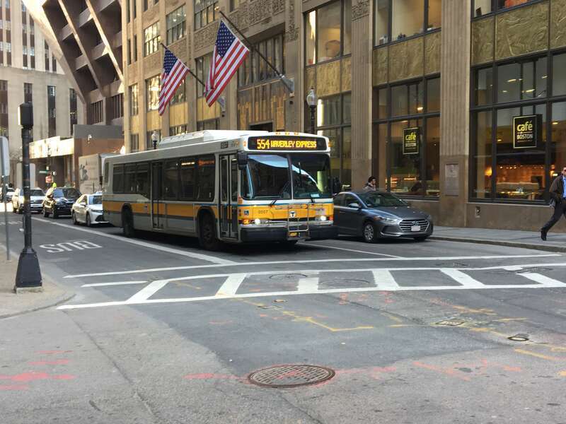 MBTA route 554 bus on Franklin Street in downtown Boston in January 2019