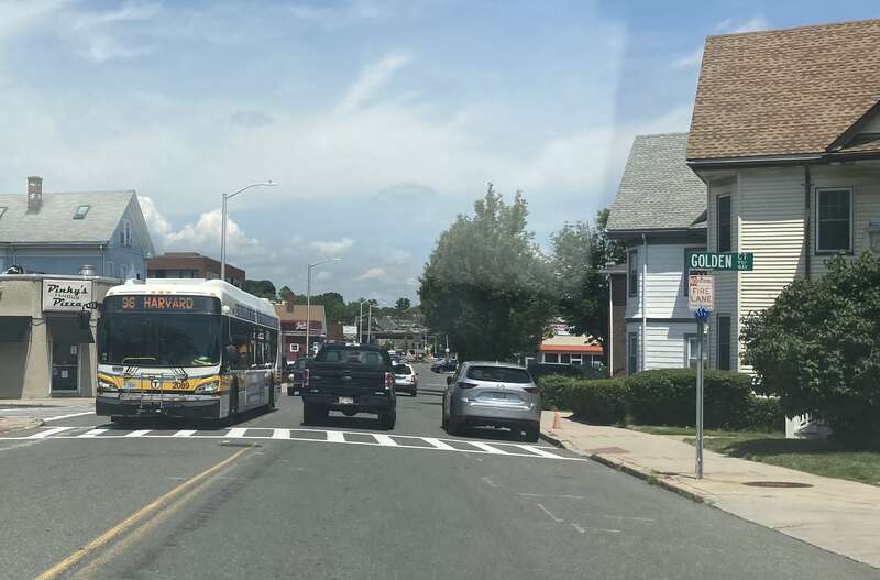 MBTA route 96 bus on Main Street in Medford in June 2021