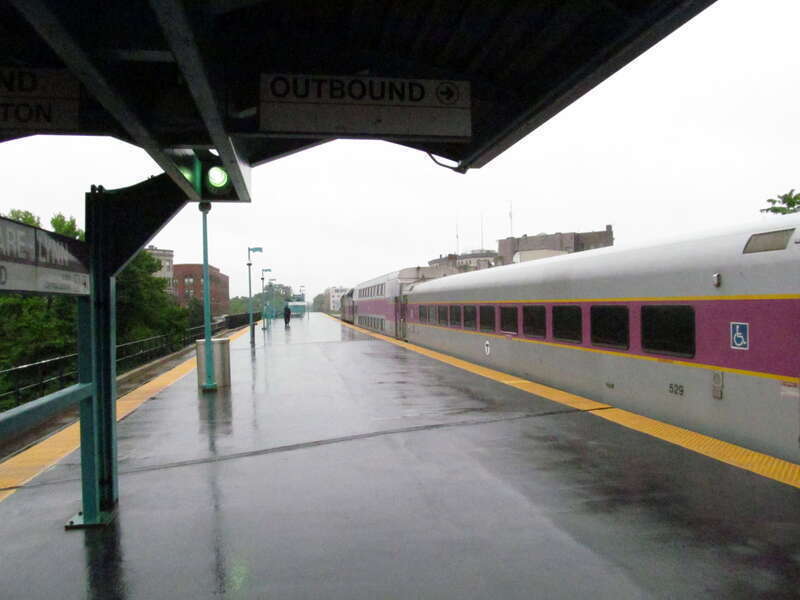 An outbound MBTA train at Lynn station