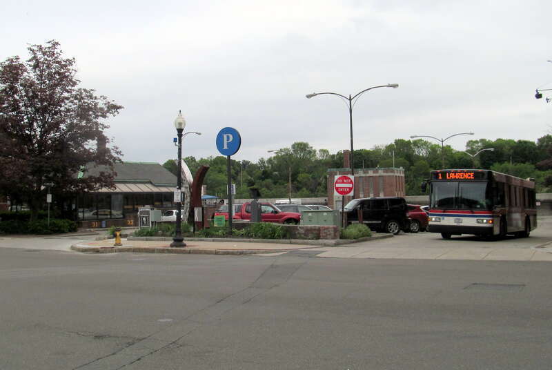 MVRTA route 1 bus leaving the Washington Square Transit Station in May 2017
