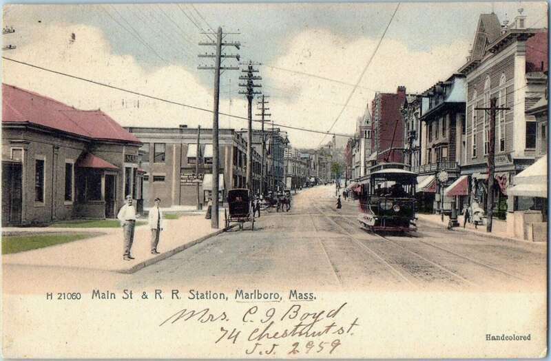 Undivided back postcard of Main Street in Marlborough, Massachusetts. At left is the New Haven Railroad's station. The streetcar belongs to the Boston and Worcester Street Railway; Trolleys Along The Turnpike (p. 44) claims it is the only known image