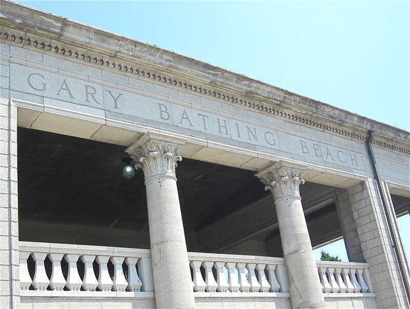 NRHP #94001354
Marquette Park
Gary, Indiana
Architect: George W. Maher and Sons

Built as a shower/bathroom/changing facility, but by the 1960's the facility had fallen into major disrepair. In 1971 the building was closed to the public and boarded